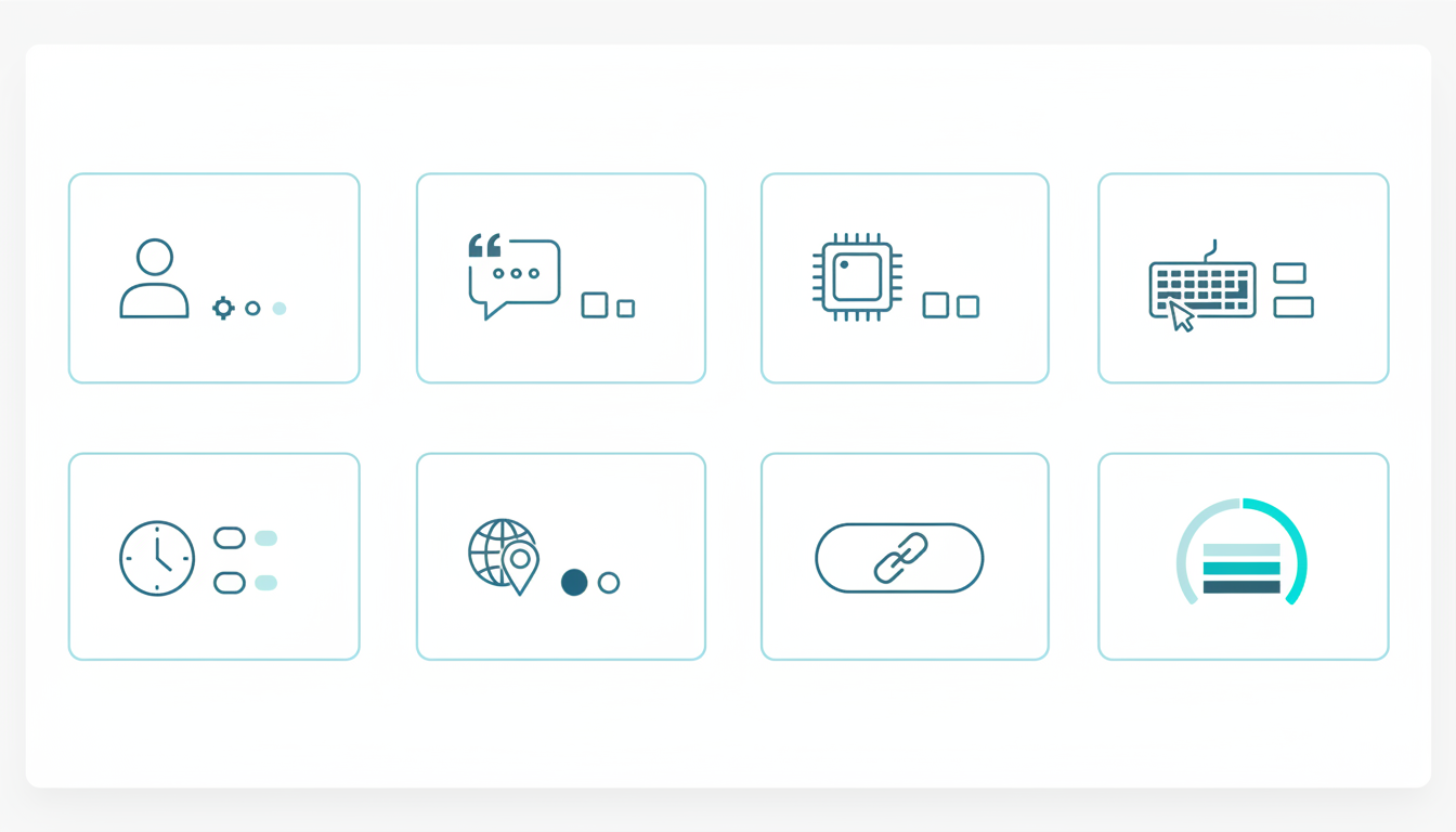 Close-up UI-style technical illustration of a structured 'mention card' laid out as eight iconized fields (arranged in two rows of four) on a white background: icons include a person/entity silhouette, a quote/context bubble, a model chip, a prompt/keyboard glyph, a timestamp clock, a globe/language pin, a chain link for citations, and a three-step sentiment meter; each icon sits inside a compact field block with subtle cyan accents (#00D9FF) and tiny data chips (dot placeholders) to imply captured values — show an extracted citation URL as an icon-only pill and a confidence score ring (no numeric text); modern, precise vector style, no words or labels, 16:9 aspect ratio