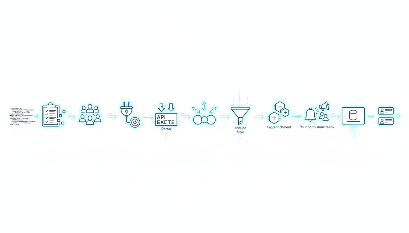 Linear pipeline technical illustration on white background representing nine sequential stages as distinct glyph nodes connected by animated data-flow lines and particle streams: icons (clipboard/inventory, entity cluster, API plug/connection, parser arrows extracting text, merge/normalization nodes converging, dedupe filter funnel, tag/enrichment chips, alert bell routing to small team avatars, and export/database box) — each stage has a subtle cyan highlight (#00D9FF) and shows the visual effect of transformation (raw chat text entering left, structured cards exiting right); consistent vector language, no text or labels, professional modern style with clear step-by-step readability, 16:9 aspect ratio
