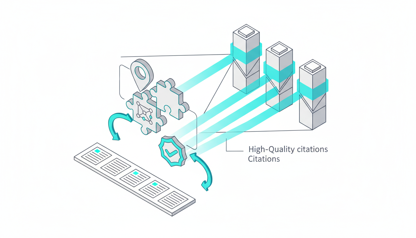 Isometric technical diagram on white background illustrating entity alignment and citation quality: a stylized brand profile built from interlocking puzzle pieces (each piece carrying a small abstract icon: map-pin form, structured-data node, verified badge shape) connected by thin charcoal lines to three tall citation towers (abstract building shapes) with thick cyan connection beams indicating high-quality citations; alongside, a content relevance strip shows an abstract layered page with density marks (purely graphical, no readable text) and arrow flows from content to profile; consistent cyan highlights #00D9FF, crisp vector style, no text or labels, 16:9 aspect ratio