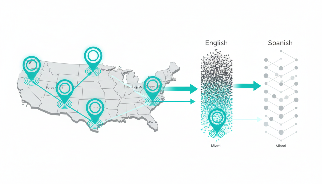 Technical map-and-stack illustration on white background showing city-level and language differences: stylized US map with five city pins (positioned to imply Boston, Phoenix, Portland, Miami, Dallas) where each pin is drawn as concentric rings whose thickness and cyan intensity indicate visibility strength; to the right, two stacked language content columns (left = English dense with many small citation nodes, right = Spanish sparse with few nodes) with arrow flows from each language stack to specific city pins demonstrating coverage gaps; clean vector/isometric rendering, restrained cyan highlights #00D9FF, no text or labels, 16:9 aspect ratio
