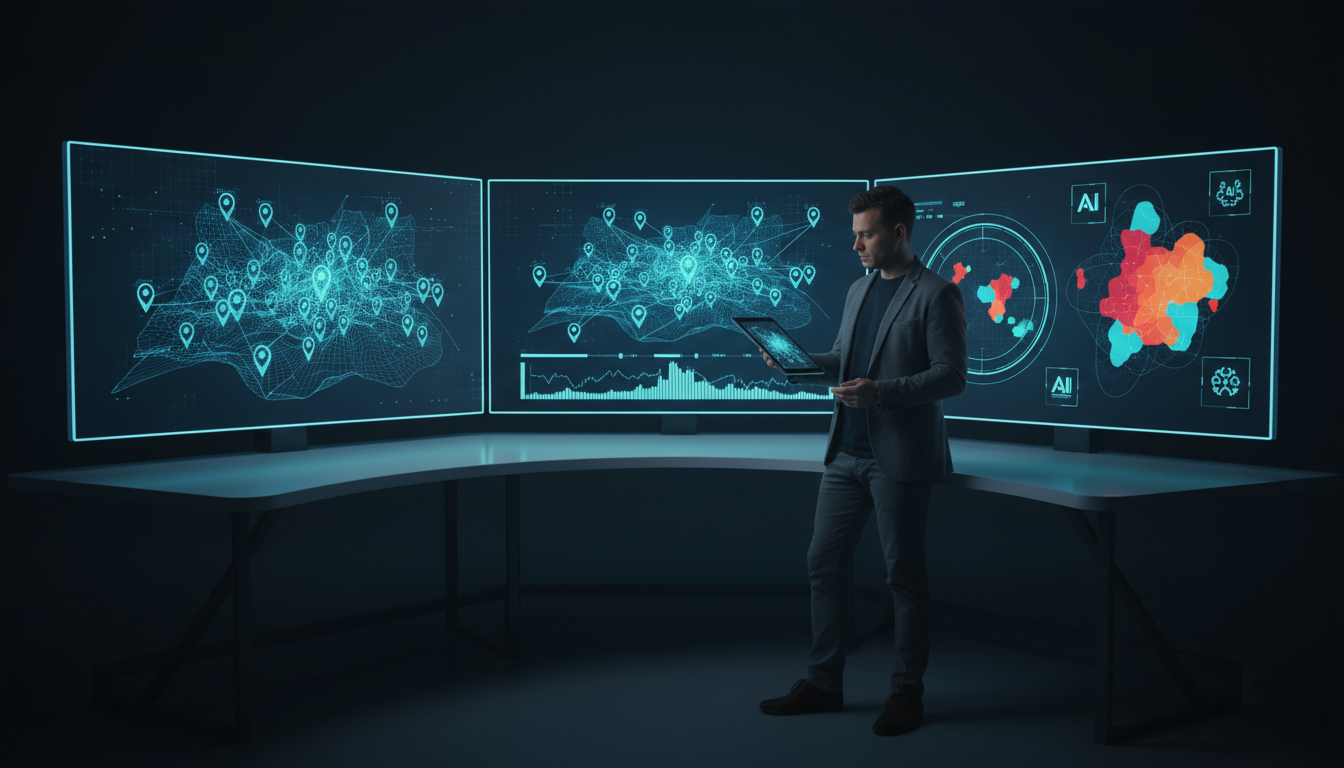 Monitoring workspace scene: modern multi-screen dashboard environment showing abstract visual signals &mdash; glowing citation pins