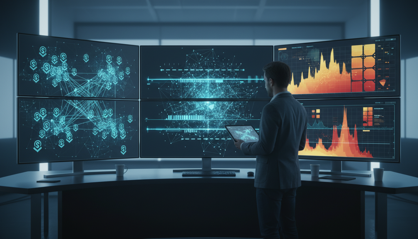 Monitoring workspace scene: modern multi-screen dashboard environment showing abstract visual signals &mdash; glowing citation pins