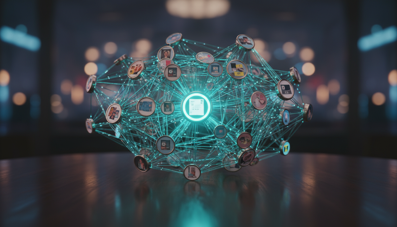 Knowledge-graph metaphor in a photographic style: a close-up of a polished metal network sculpture on a desk with interconnec