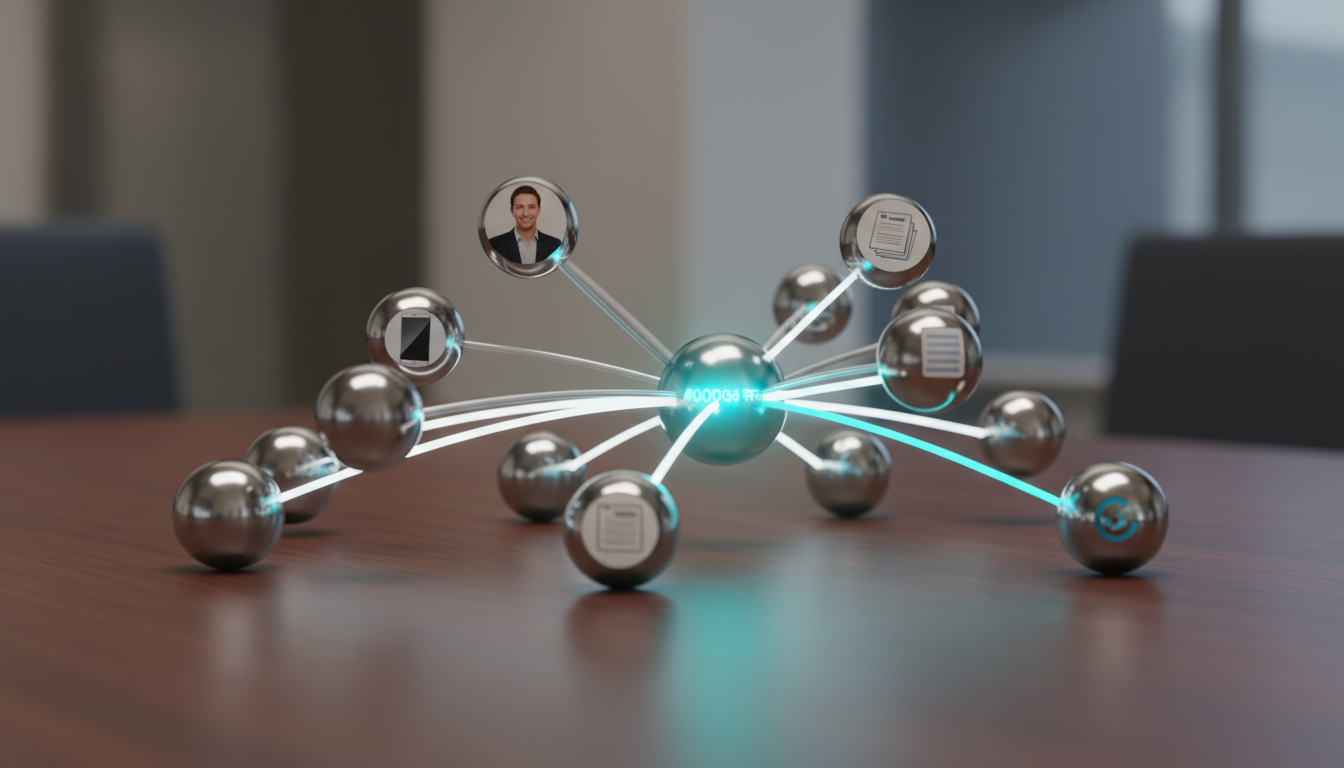 Knowledge-graph metaphor in a photographic style: a close-up of a polished metal network sculpture on a desk with interconnec