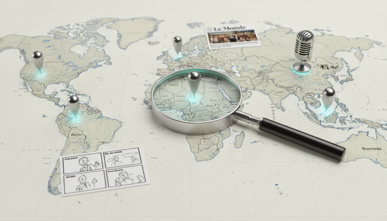 Localized scale and language scene: overhead photo of a map laid flat with precise city pins, a magnifying glass focusing on 
