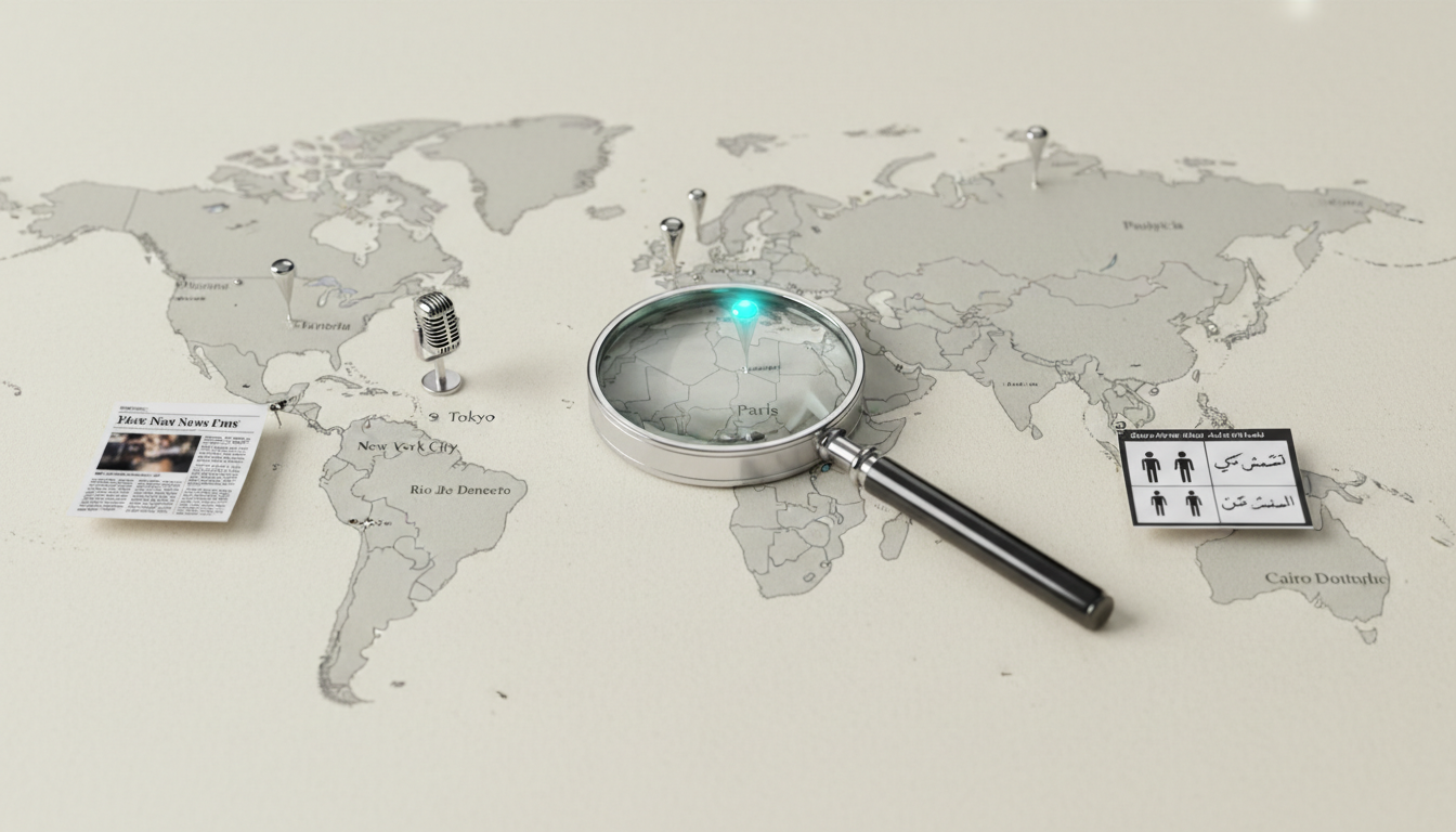 Localized scale and language scene: overhead photo of a map laid flat with precise city pins, a magnifying glass focusing on 