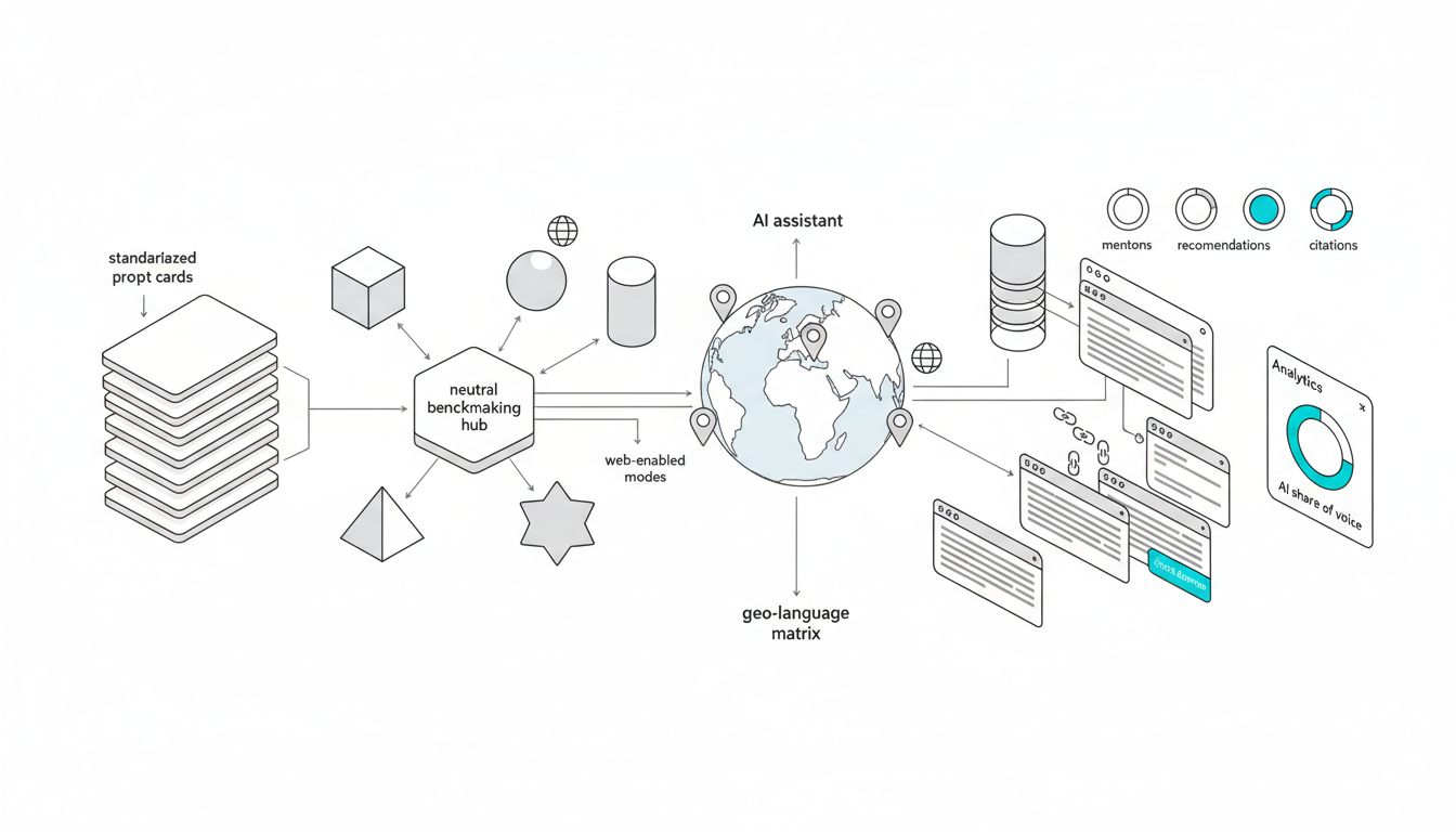 Left-to-right isometric technical illustration on a white background showing a rigorous AI visibility measurement pipeline: 1