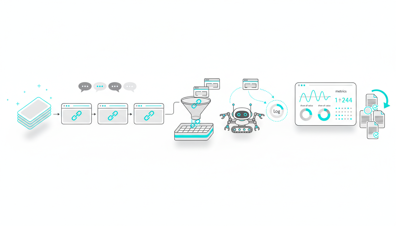 Clean technical illustration of a left-to-right workflow on a white background: 1) stacked neutral prompt cards emitting fain