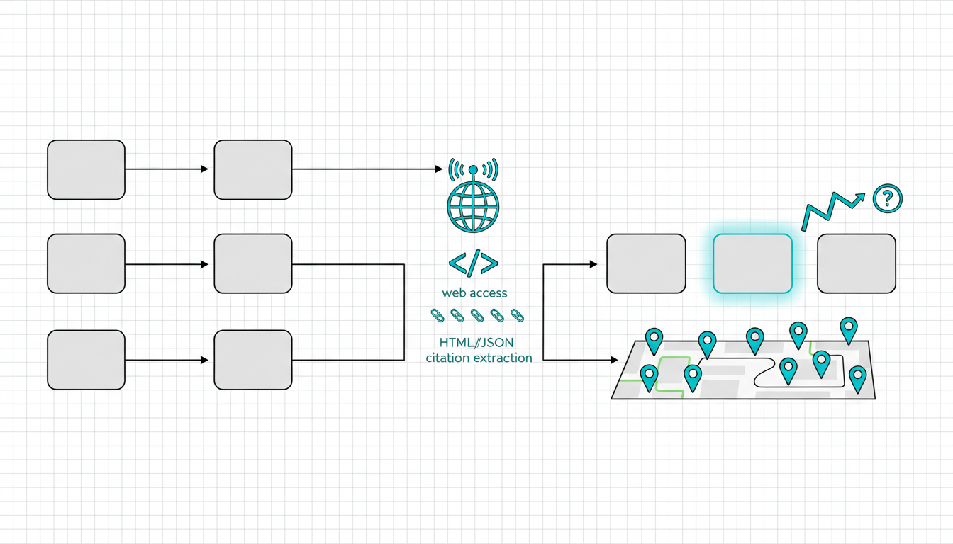 Technical isometric workflow illustration showing: left—one standardized prompt tile duplicated into three parallel lanes (ge