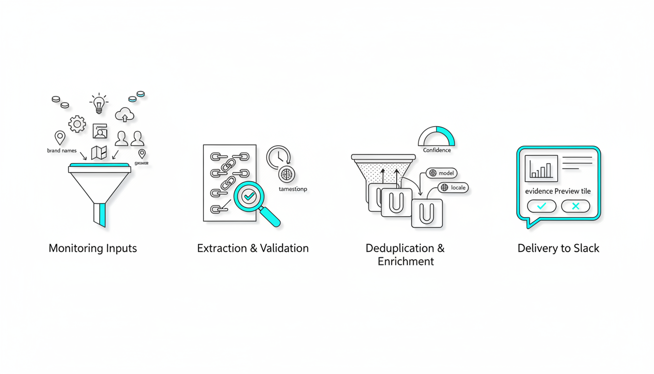 Clean technical illustration on a white background showing a left-to-right four-stage pipeline using iconography only (no tex