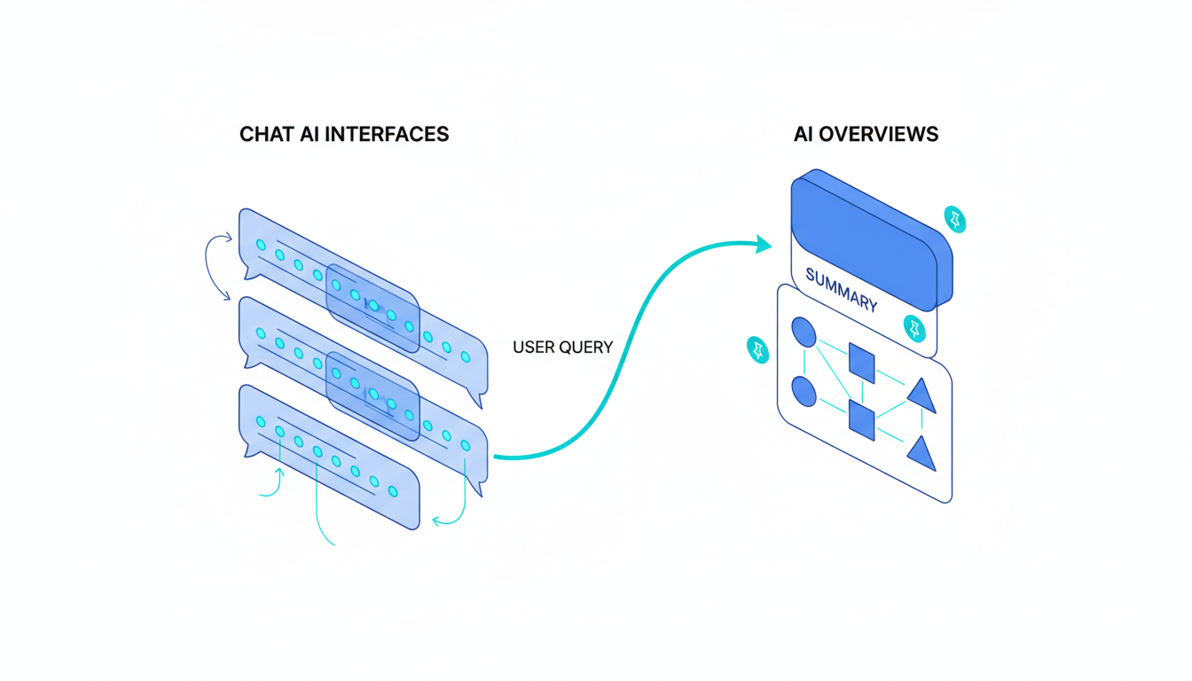 Split isometric technical diagram that cannot be confused with other topics: left panel visualizes Chat AI interfaces as laye