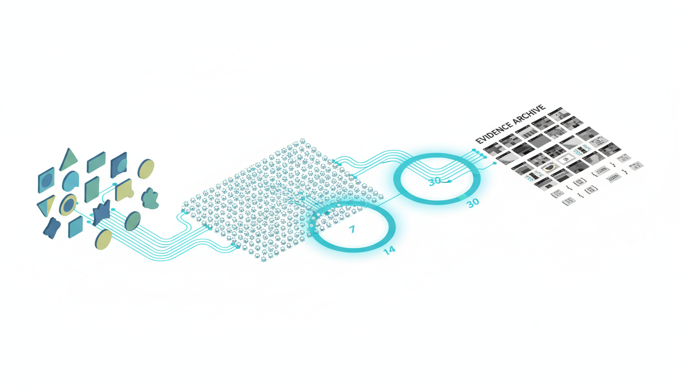 Isometric technical pipeline illustration specific to monitoring methodology: leftmost shows a library of abstract prompt car