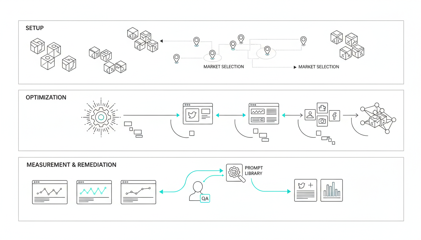 Layered isometric storyboard that maps the playbook to concrete steps: top lane shows setup elements — clustered entity nodes