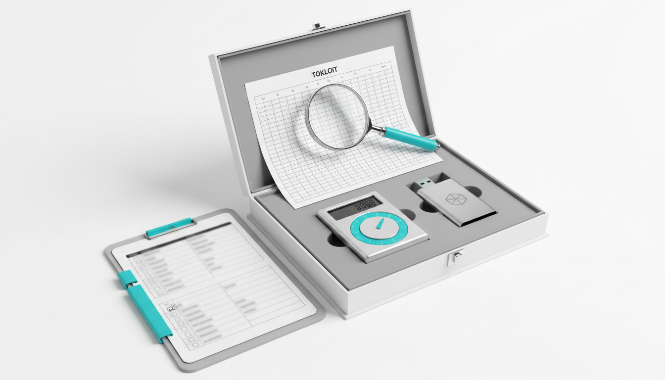 H2 target: Toolkit: Scorecard, RFP Questions, and KPI Calculator &mdash; Styled desktop still life: an open branded toolkit box rev