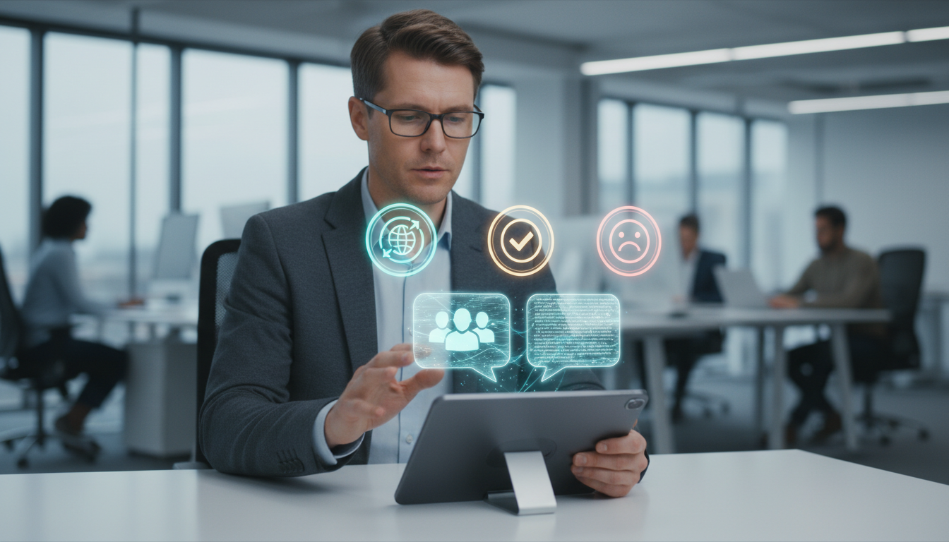 Probe Gemini for Coverage and Accuracy &mdash; A mid-shot of a product manager at a modern desk interacting with a tablet that proj