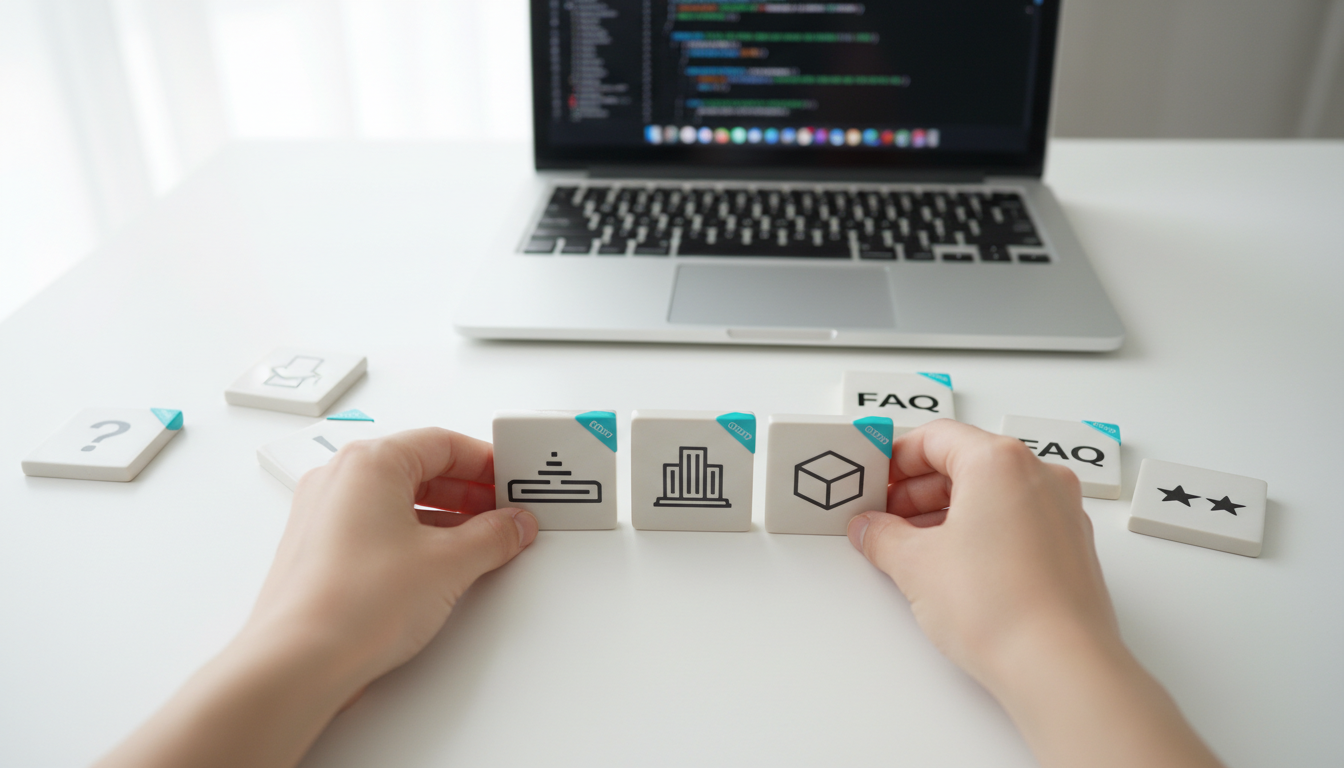 Verify and Strengthen Entity Foundations &mdash; Overhead shot of a content specialist arranging physical icon-tiles on a white tab