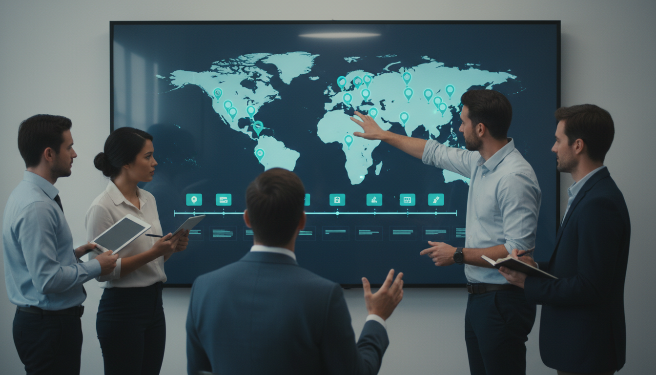 Set Up Automated Alerting Systems &mdash; Wide shot of a modern team meeting around a wall-mounted monitoring dashboard displaying 