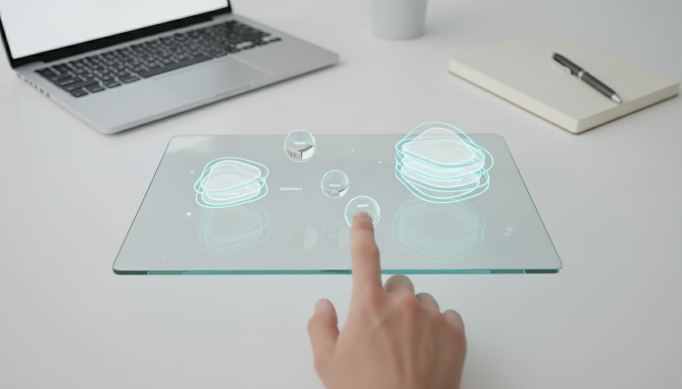 Top-down professional photo of a hand interacting with a clear glass tablet hovering above a white desk, inside the tablet: t