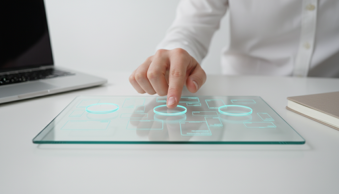 Top-down professional photo of a hand interacting with a clear glass tablet hovering above a white desk, inside the tablet: t