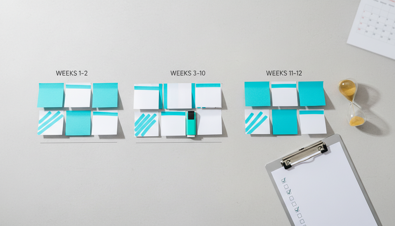 Close-up, high-detail photo of a 90-day pilot planning scene: three distinct clusters of blank sticky notes (grouped left-to-