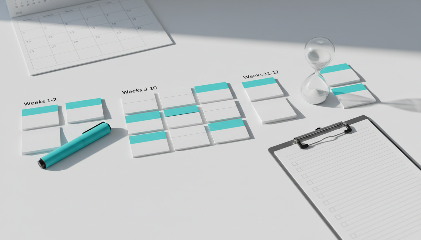Close-up, high-detail photo of a 90-day pilot planning scene: three distinct clusters of blank sticky notes (grouped left-to-