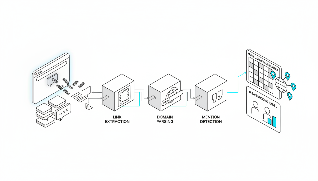 Isometric technical illustration of a multi-step AI visibility tracking pipeline: on the left, a generic browser AI answer pa