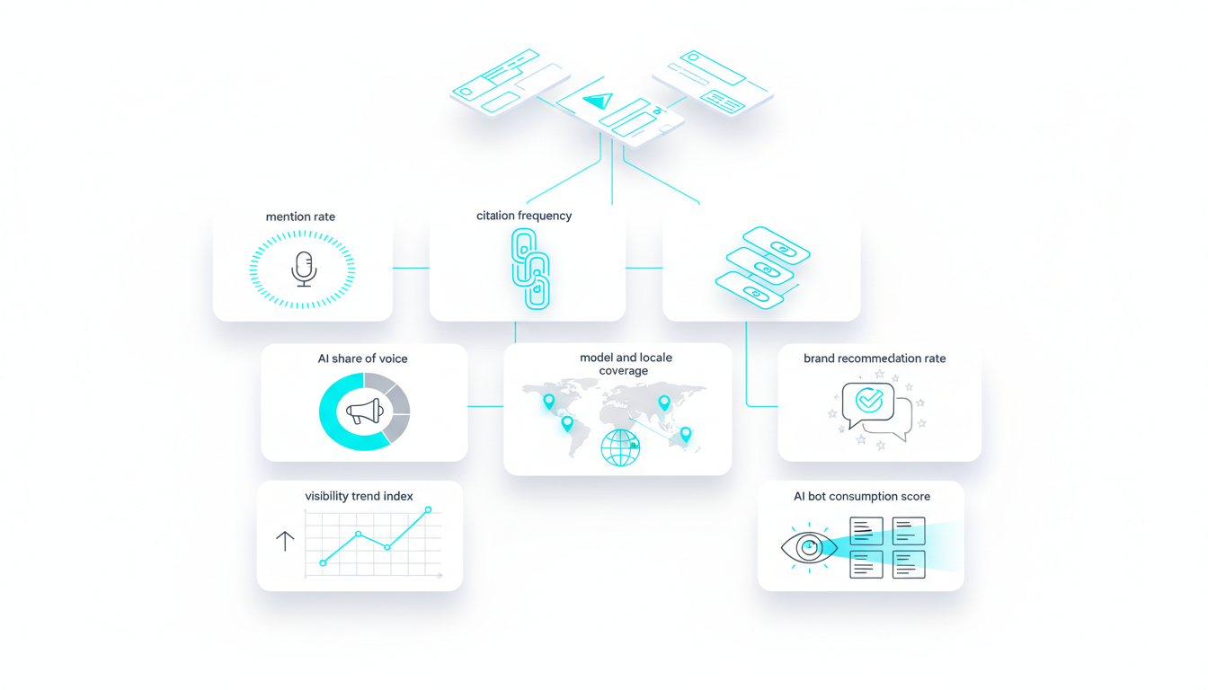 Technical isometric dashboard on a bright white background depicting seven distinct AI visibility metric modules with clean l