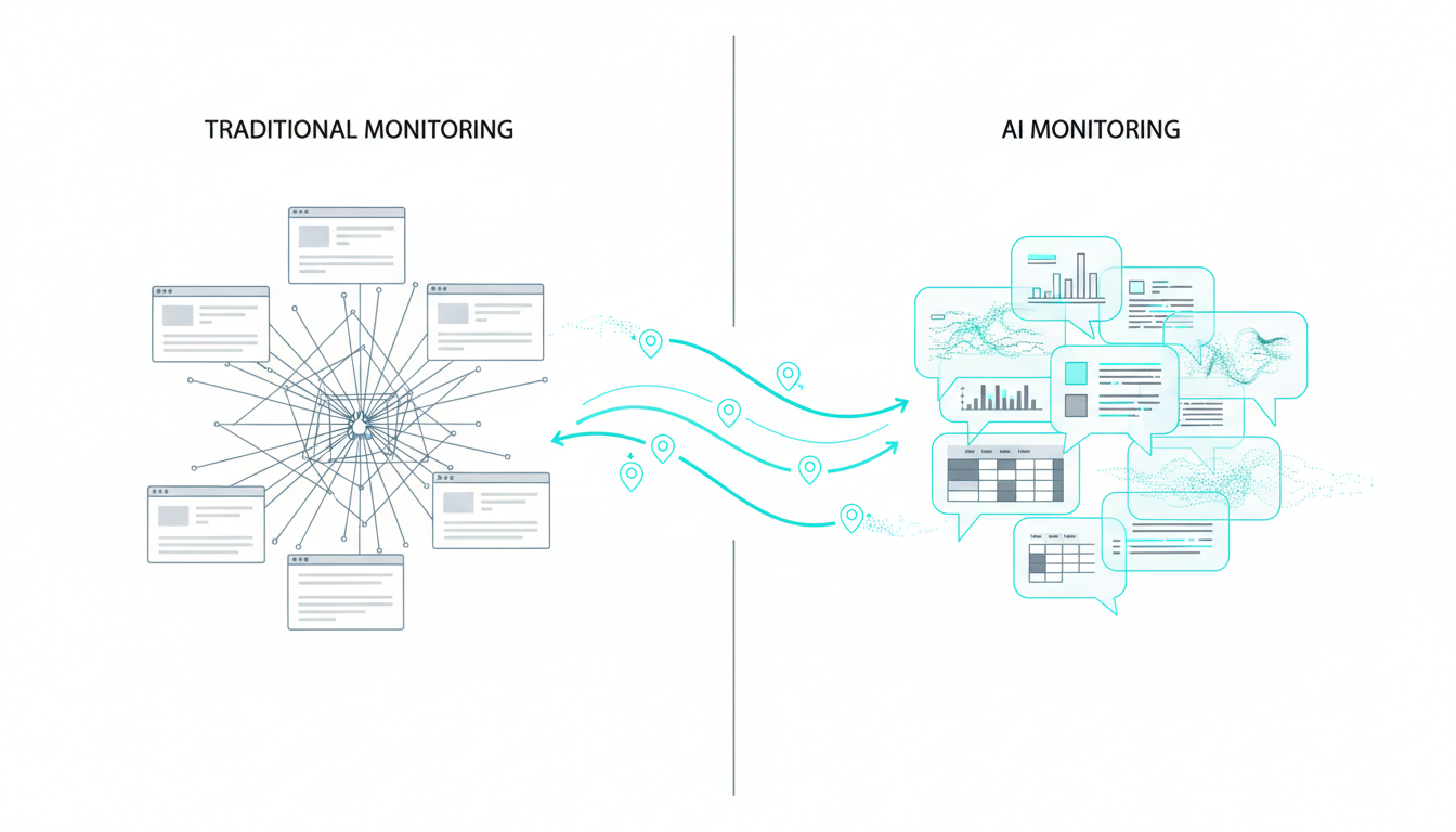 Split-comparison technical illustration conveying difference between traditional monitoring and AI monitoring: left panel sho