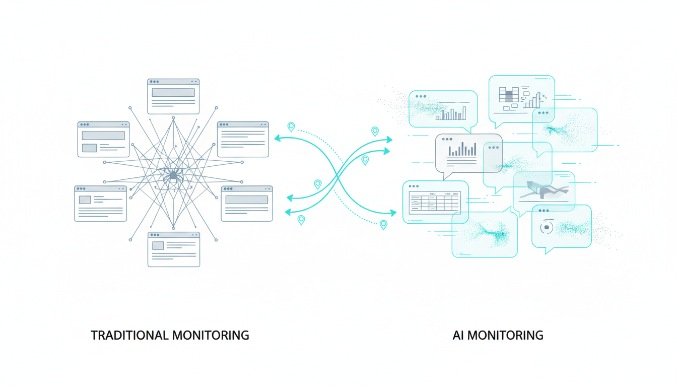 Split-comparison technical illustration conveying difference between traditional monitoring and AI monitoring: left panel sho