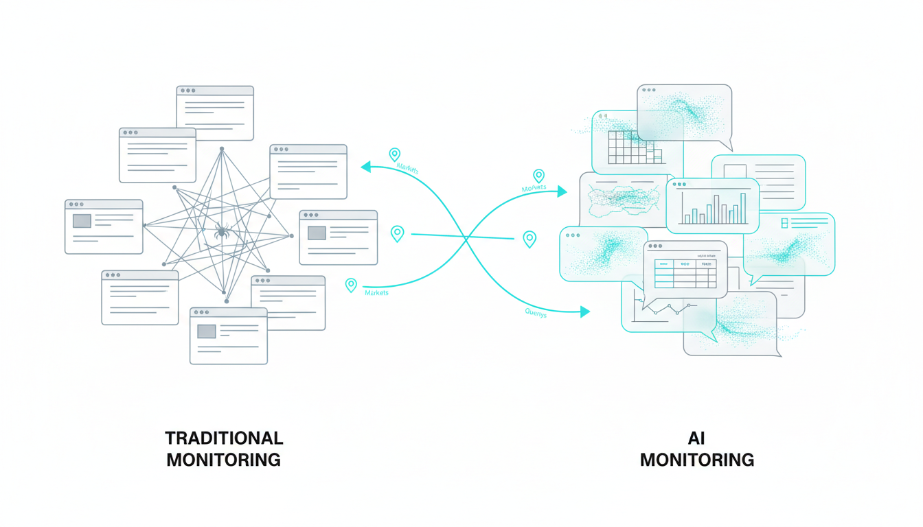 Split-comparison technical illustration conveying difference between traditional monitoring and AI monitoring: left panel sho