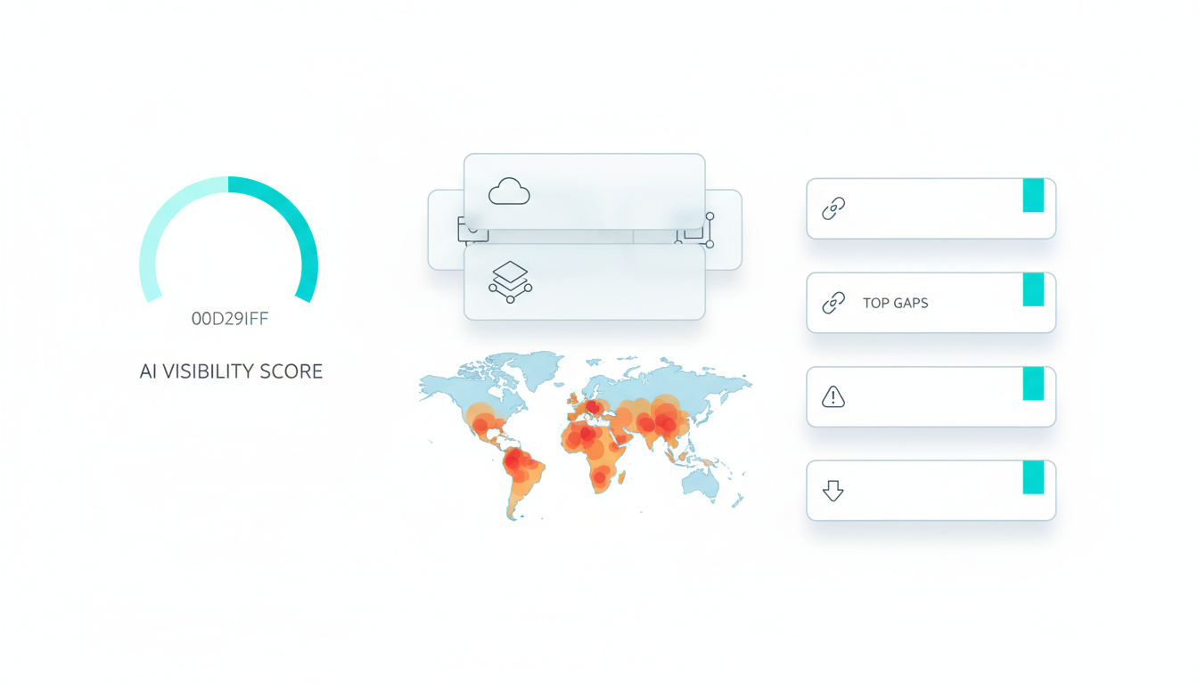 Clean technical dashboard blueprint rendered as a modern illustration: top-left shows a circular AI Visibility Score gauge (n