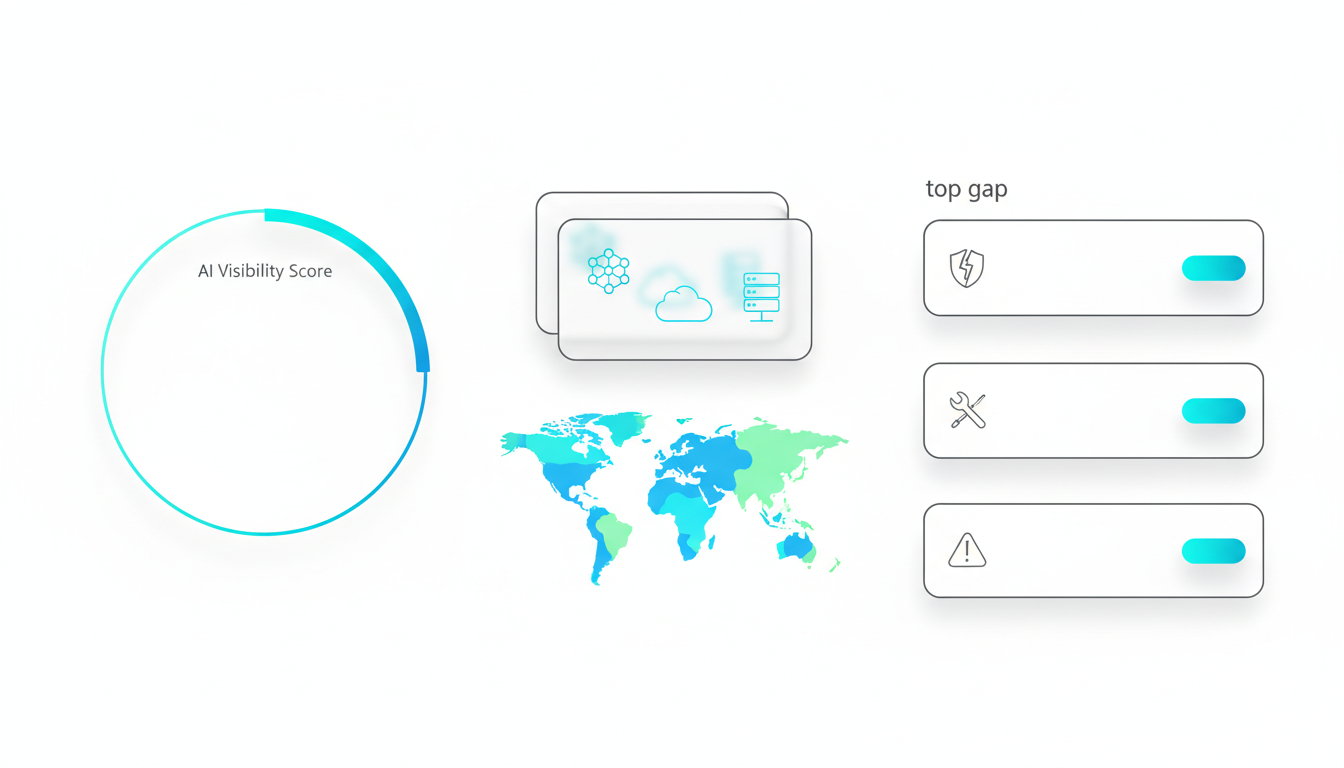 Clean technical dashboard blueprint rendered as a modern illustration: top-left shows a circular AI Visibility Score gauge (n