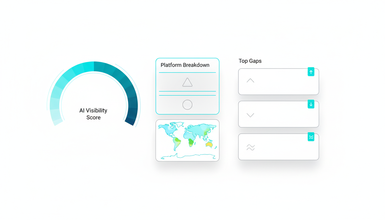 Clean technical dashboard blueprint rendered as a modern illustration: top-left shows a circular AI Visibility Score gauge (n