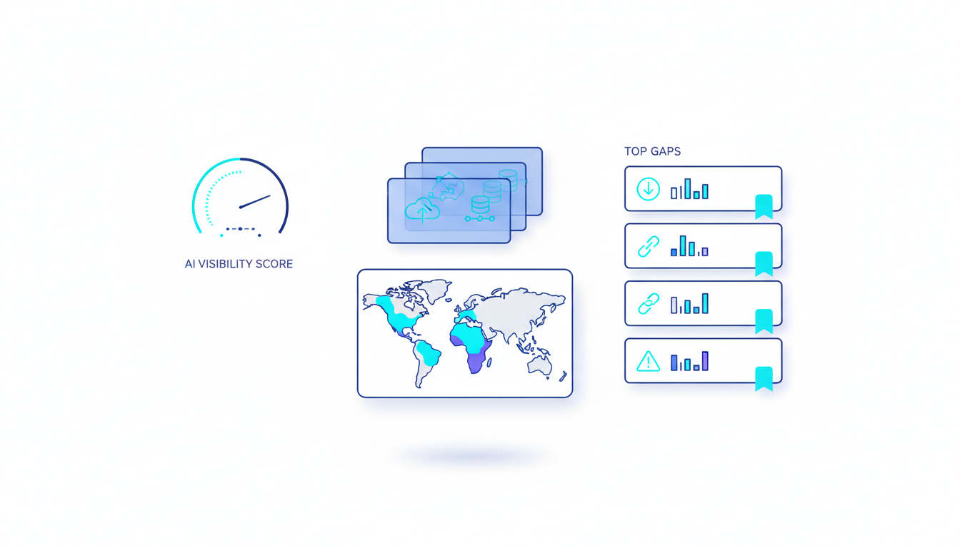 Clean technical dashboard blueprint rendered as a modern illustration: top-left shows a circular AI Visibility Score gauge (n