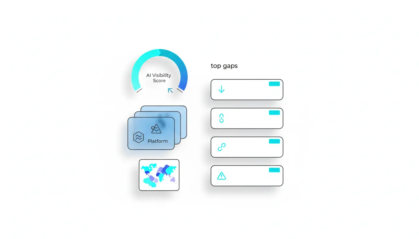 Clean technical dashboard blueprint rendered as a modern illustration: top-left shows a circular AI Visibility Score gauge (n