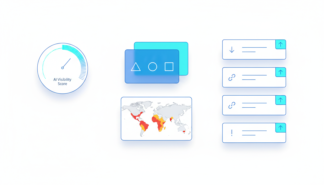 Clean technical dashboard blueprint rendered as a modern illustration: top-left shows a circular AI Visibility Score gauge (n