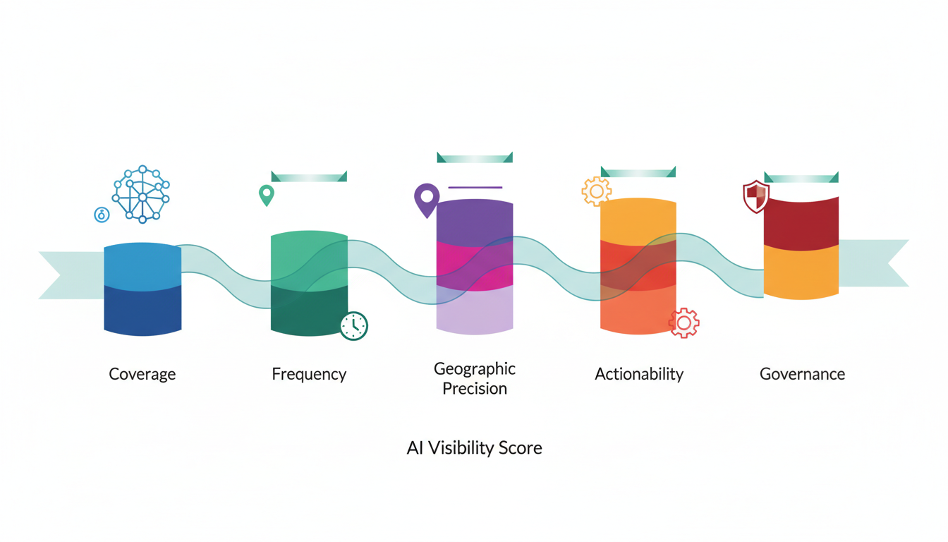 Conceptual five-pillar evaluation visualization: five vertical stylized pillars (Coverage, Frequency, Geographic Precision, A