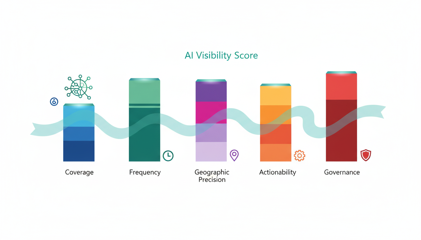 Conceptual five-pillar evaluation visualization: five vertical stylized pillars (Coverage, Frequency, Geographic Precision, A