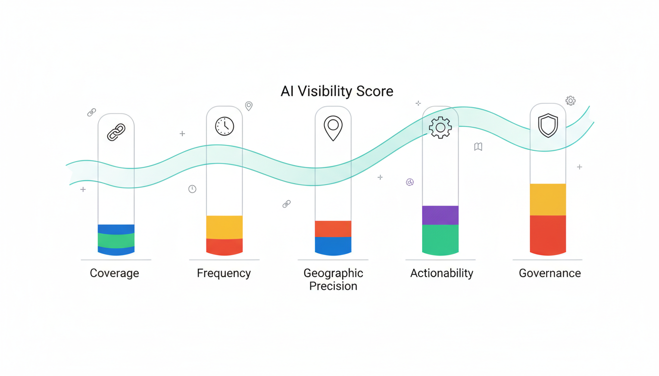 Conceptual five-pillar evaluation visualization: five vertical stylized pillars (Coverage, Frequency, Geographic Precision, A