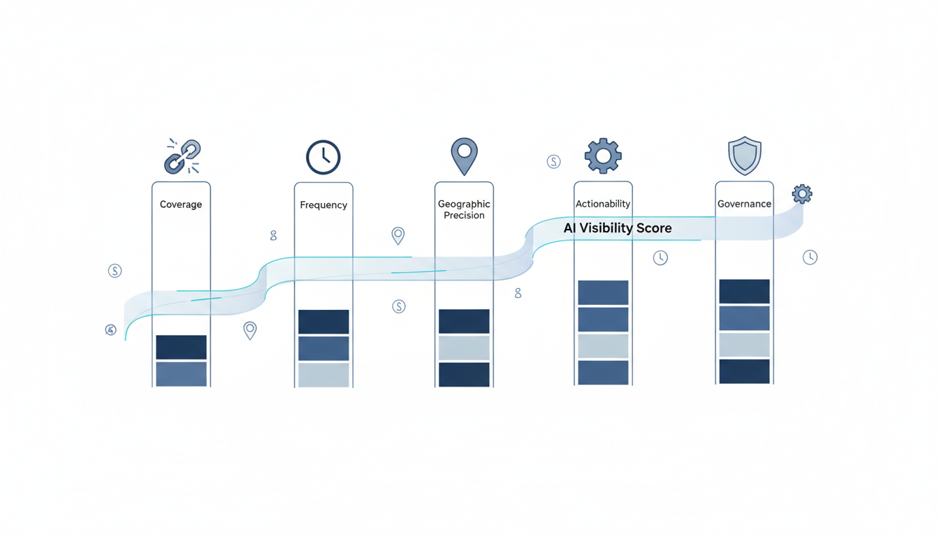 Conceptual five-pillar evaluation visualization: five vertical stylized pillars (Coverage, Frequency, Geographic Precision, A