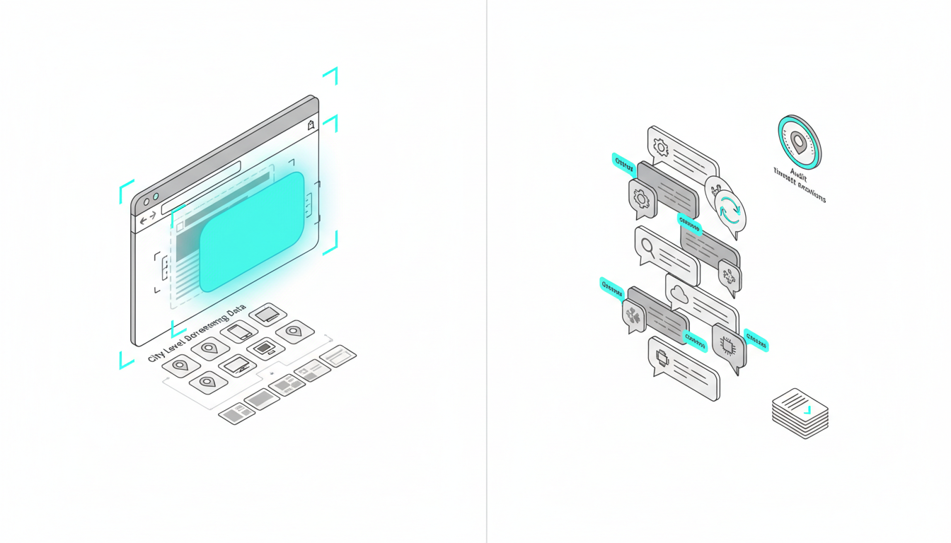Isometric split-panel technical illustration on white, consistent vector style: Left panel shows a search engine AI overview