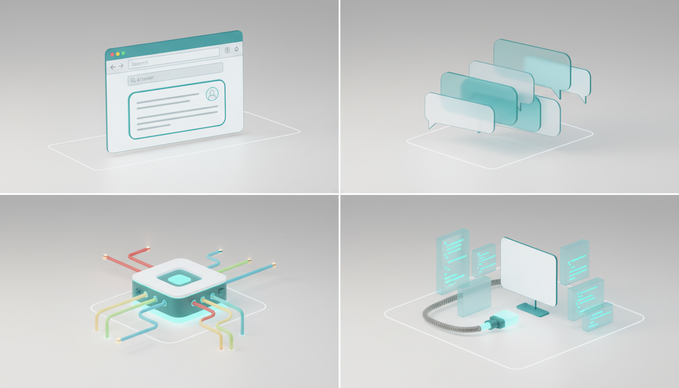 Tool-categories visualization: a tight quad composition on a white tabletop showing four distinct photographic-illustration v
