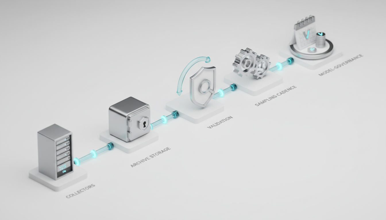 Implementation-framework scene: isometric miniature studio set on a white surface showing modular tracking architecture in ph