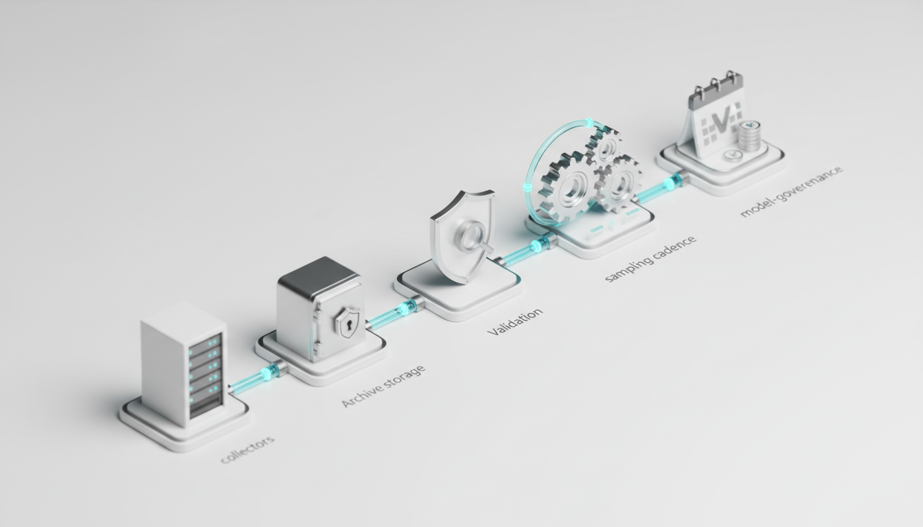 Implementation-framework scene: isometric miniature studio set on a white surface showing modular tracking architecture in ph
