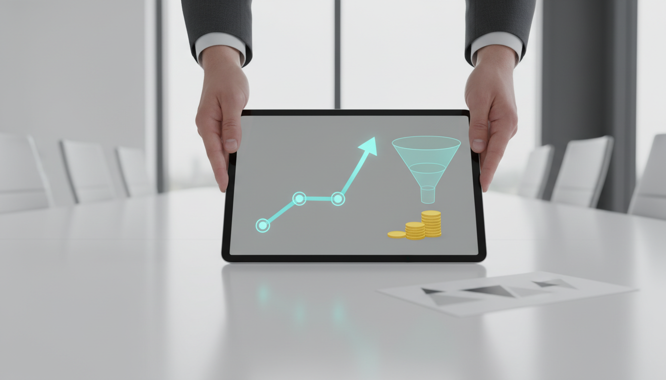 Measuring-ROI tableau: an executive hands-in-frame viewpoint over a crisp tablet showing a clean upward trend of spaced menti