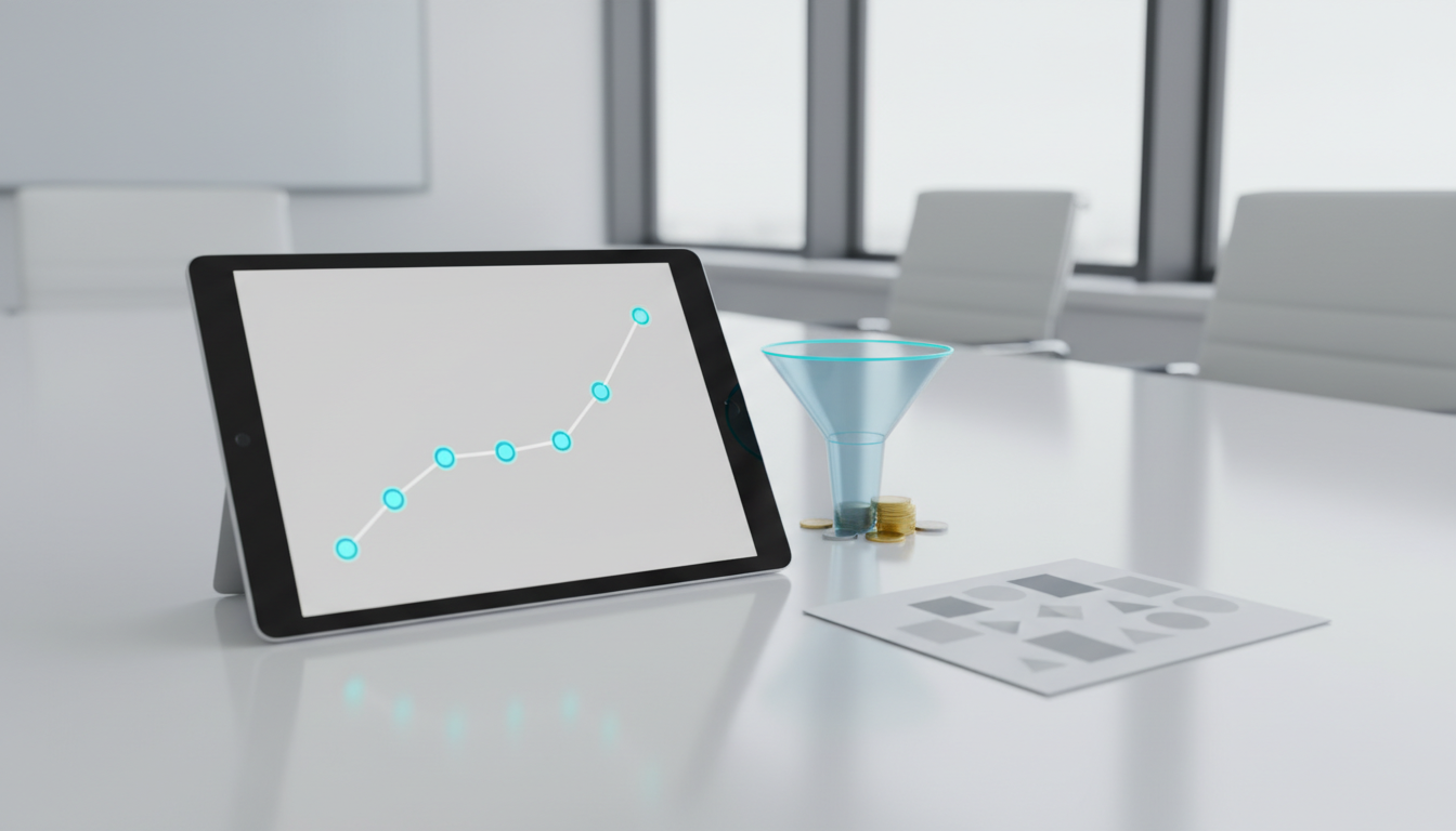 Measuring-ROI tableau: an executive hands-in-frame viewpoint over a crisp tablet showing a clean upward trend of spaced menti