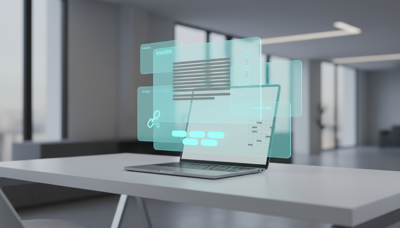 A modern workspace shot: a laptop on a white desk with semi-transparent holographic UI overlays rising from the screen repres