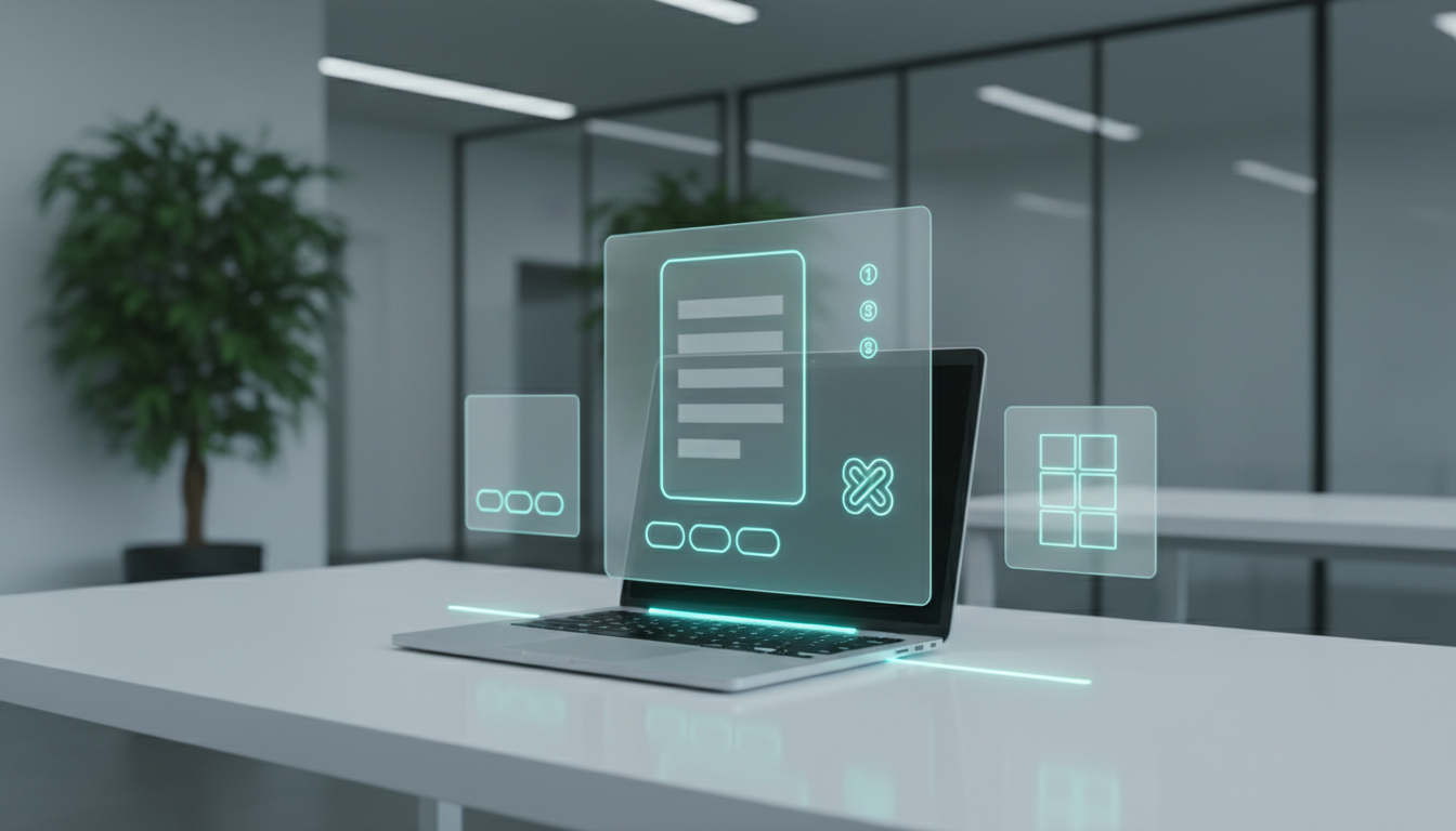 A modern workspace shot: a laptop on a white desk with semi-transparent holographic UI overlays rising from the screen repres