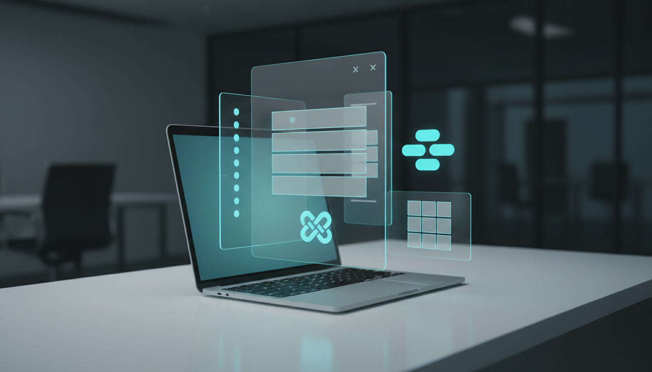 A modern workspace shot: a laptop on a white desk with semi-transparent holographic UI overlays rising from the screen repres