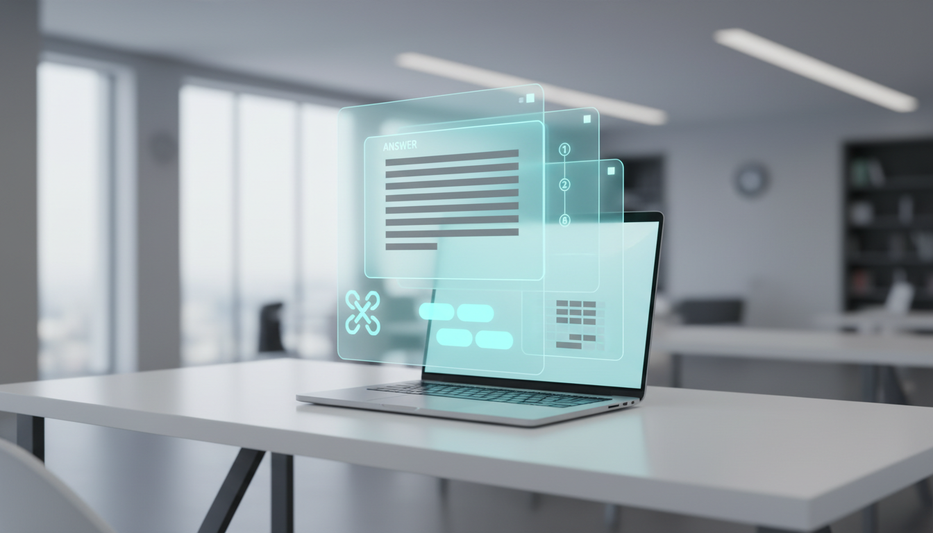 A modern workspace shot: a laptop on a white desk with semi-transparent holographic UI overlays rising from the screen repres